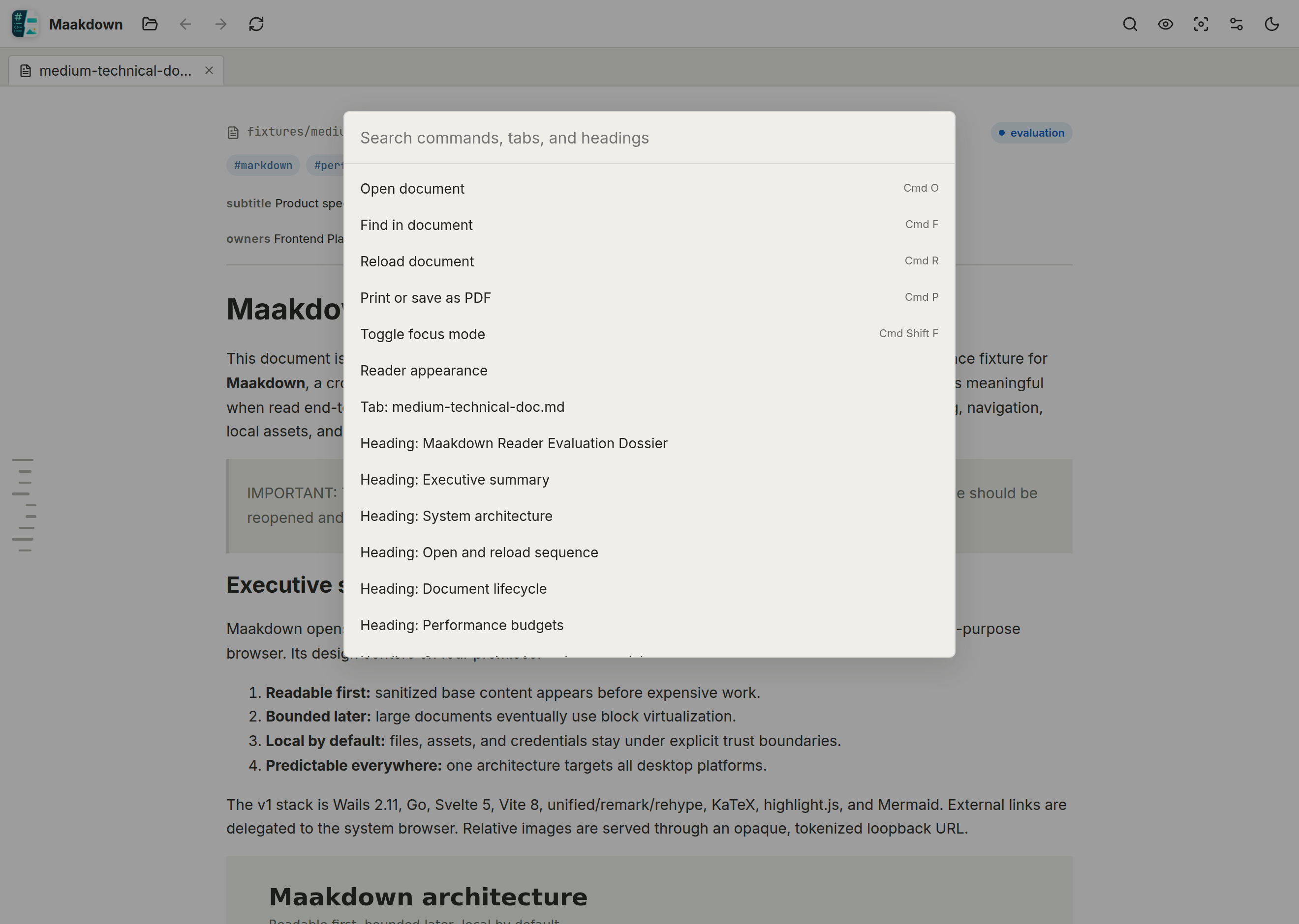 Command palette open over a document