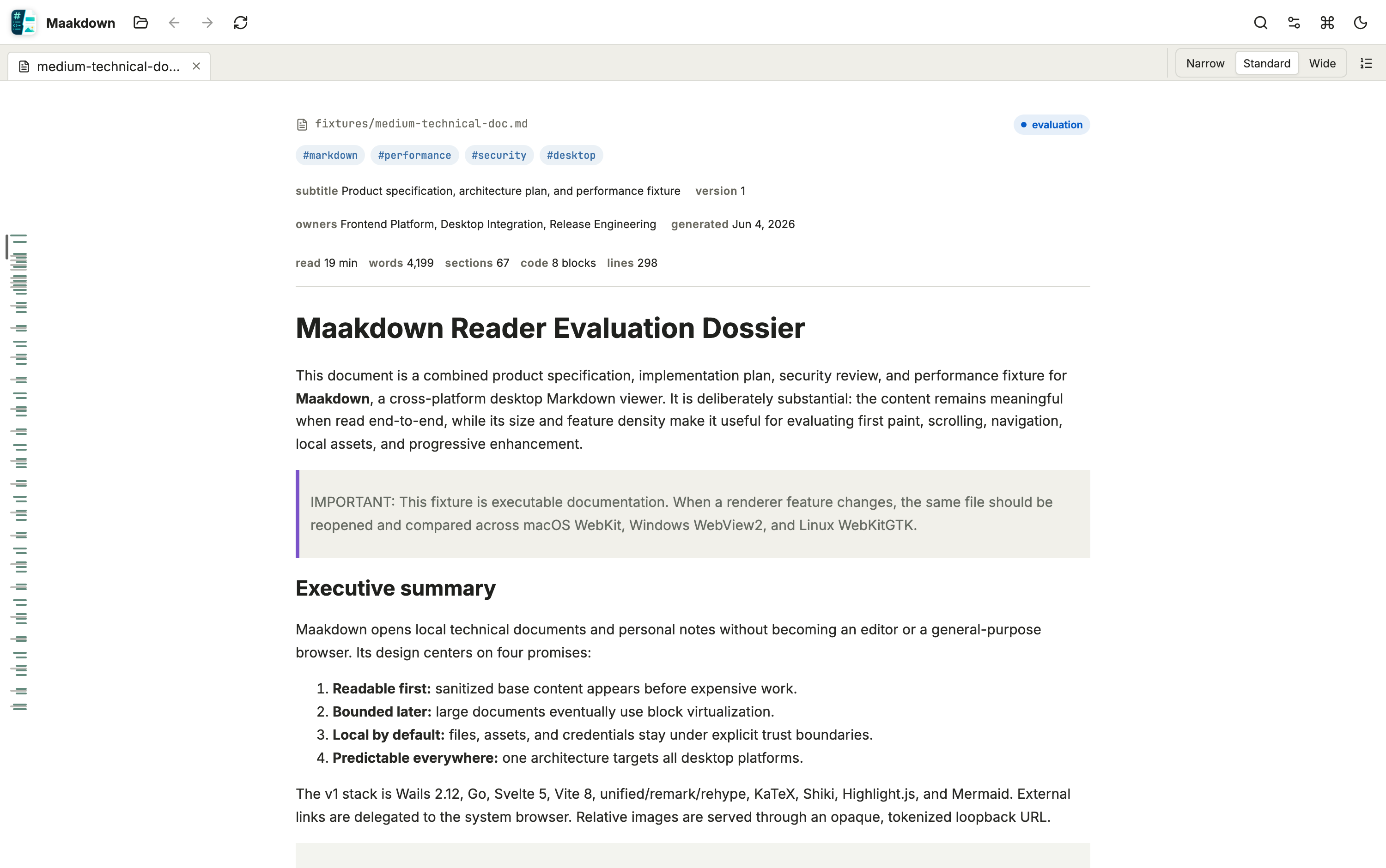 Light reading view with metadata, outline minimap, and docked reading controls