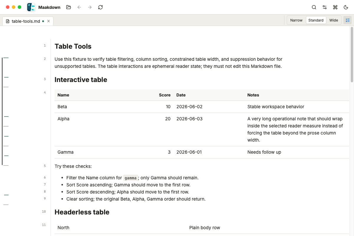 Table reader with row numbers, constrained columns, and sort and filter controls