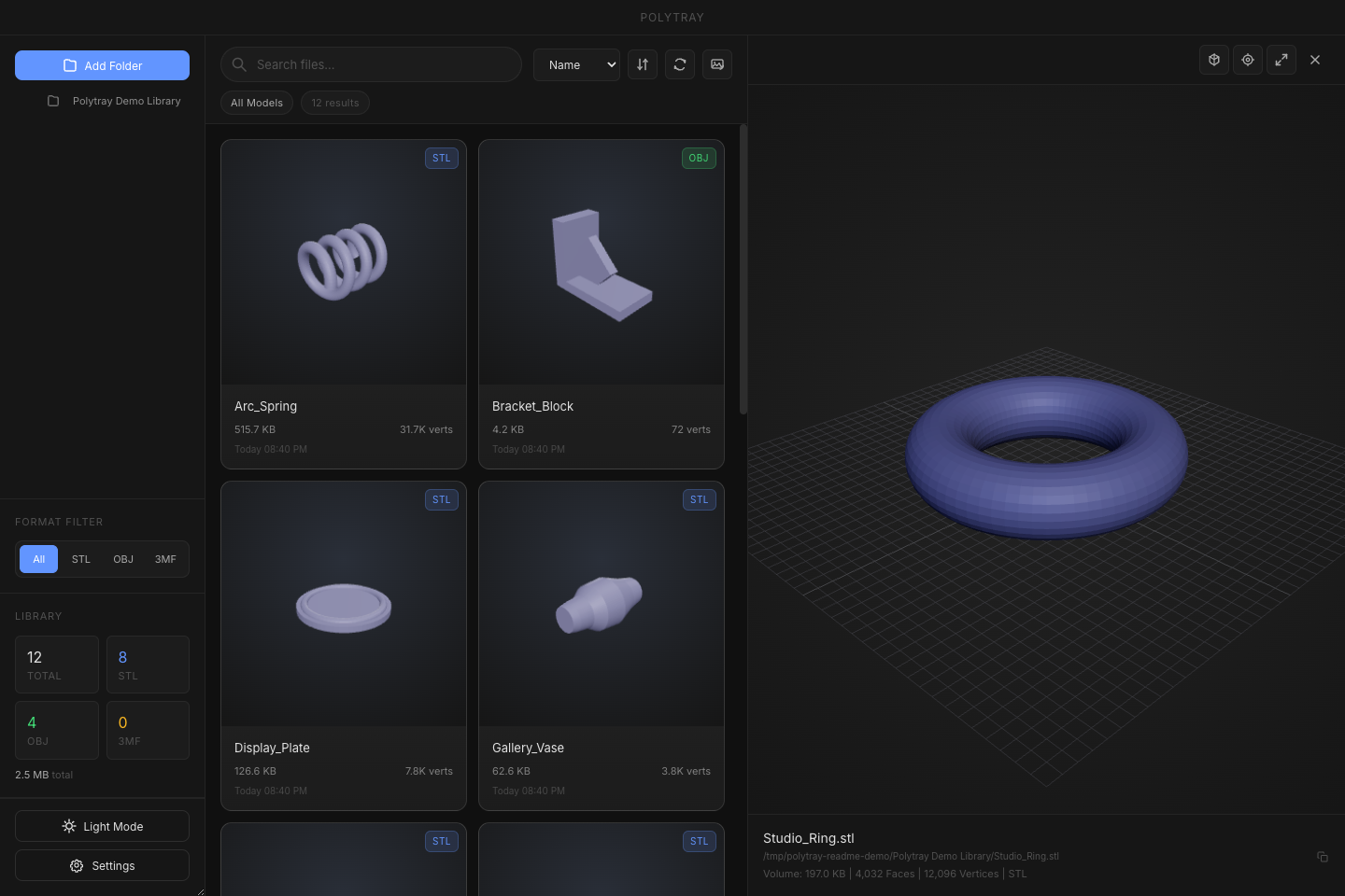 Polytray browsing a 3D model library with grid thumbnails and an interactive 3D preview